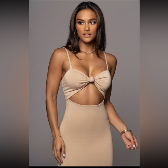 NEW JLUXLABEL Beige Midnight Memories Fitted Knot Cut Out Midi Dress - Picture 10 of 11